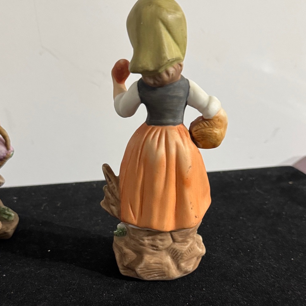 vintage hand-painted porcelain figurines of a boy and girl carrying baskets. - Picture 15 of 16